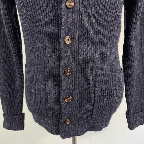 Line of Trade Men's S 100% Shetland Wool Cardigan Sweater Shawl Collar Navy Blue - Picture 3 of 12
